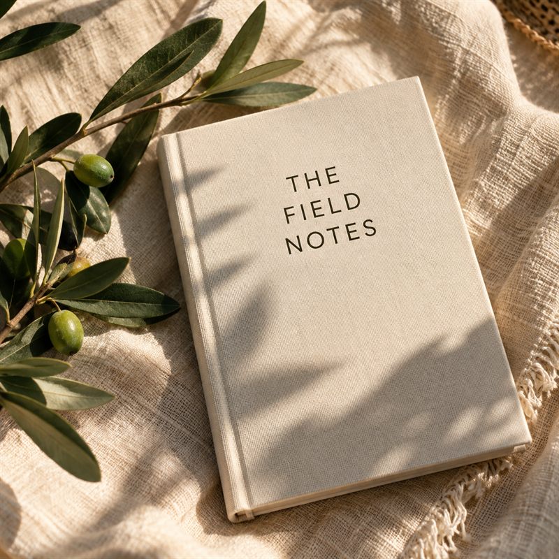 A linen-bound notebook beside an olive branch