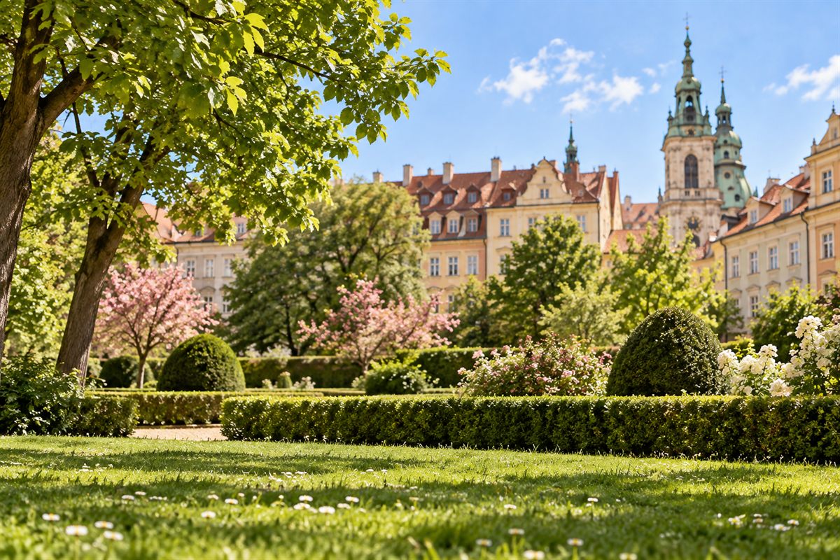 A garden below an old town