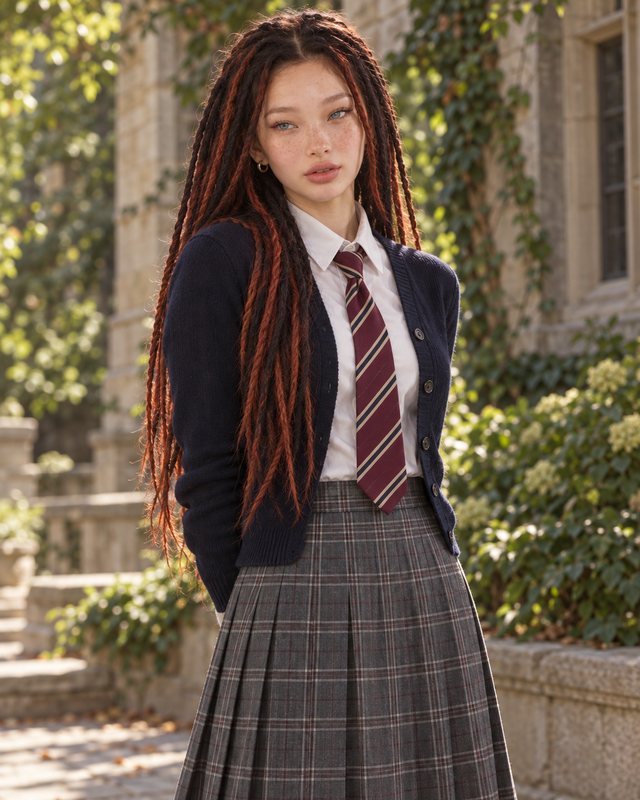 Sylvie Fox, a fictional character, in a navy cardigan, striped tie and plaid skirt